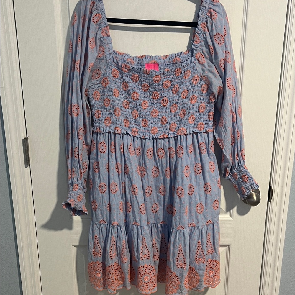 Lilly Pulitzer Rainna Smoked Eyelet Dress Blue Peri Chambray Dobby Size Large